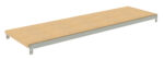 A long, rectangular wooden shelf with metal brackets at each end, designed for mounting. The shelf has a natural wood finish and the brackets are gray, suggesting it is part of a modular shelving system.