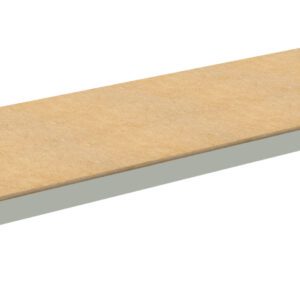 A long, rectangular wooden shelf with metal brackets at each end, designed for mounting. The shelf has a natural wood finish and the brackets are gray, suggesting it is part of a modular shelving system.