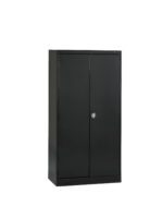 Black metal storage cabinet with two closed doors, a central lock, and a minimalist design. It stands on a white background, highlighting its sleek and modern appearance.