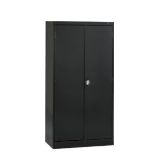 Black metal storage cabinet with two closed doors, a central lock, and a minimalist design. It stands on a white background, highlighting its sleek and modern appearance.
