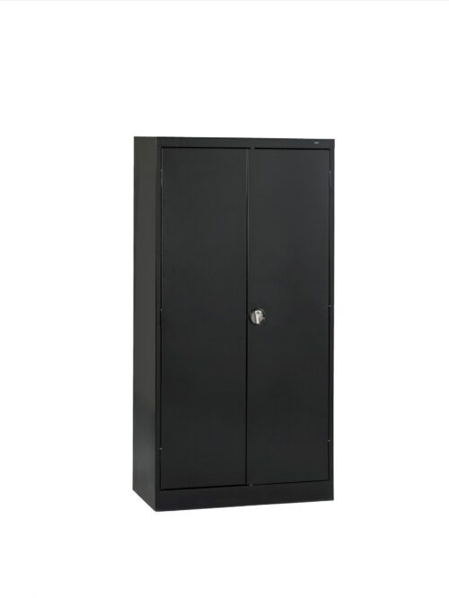 Black metal storage cabinet with two closed doors, a central lock, and a minimalist design. It stands on a white background, highlighting its sleek and modern appearance.