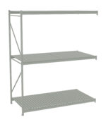 Gray metal shelving unit with three tiers, featuring slatted shelves and a sturdy frame. The structure has vertical support beams and horizontal braces for stability, suitable for organizing and storing various items.