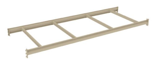 A beige metal ladder frame with four rungs and hooks at each end, laid horizontally on a white background.