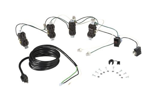Electrical components on a white background, including multiple power outlets, a long black cable with a plug, a switch, a small circuit breaker, several wires, and a collection of screws and connectors.