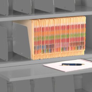 A gray metal cabinet with three shelves containing organized file folders. The middle shelf displays folders with multicolored labels. A pull-out shelf has a notepad and a pen on it.