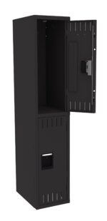 A tall black locker with two compartments is shown. The upper door is open, revealing an empty interior, while the lower compartment is closed. The locker has a sleek and modern design.