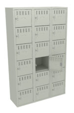 A beige multi-compartment locker unit with three columns and five rows. One of the lockers is open, showing an empty interior. Each locker has a ventilation slotted door with a lock mechanism.