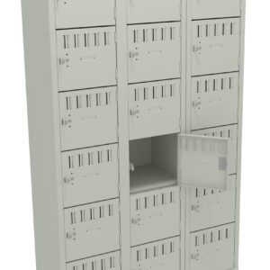 A beige multi-compartment locker unit with three columns and five rows. One of the lockers is open, showing an empty interior. Each locker has a ventilation slotted door with a lock mechanism.