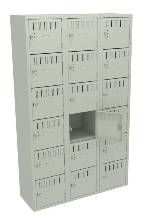 A beige multi-compartment locker unit with three columns and five rows. One of the lockers is open, showing an empty interior. Each locker has a ventilation slotted door with a lock mechanism.