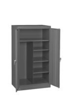 Open gray metal storage cabinet with two doors displaying various shelves on the right and a single tall space on the left. The cabinet is empty and set against a white background.