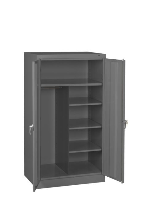 Open gray metal storage cabinet with two doors displaying various shelves on the right and a single tall space on the left. The cabinet is empty and set against a white background.