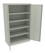 A gray metal storage cabinet with four horizontal shelves and one open door, revealing the interior shelving. The cabinet has a clean, industrial design suitable for office or garage storage.
