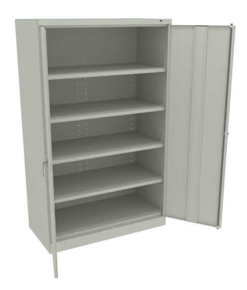 A gray metal storage cabinet with four horizontal shelves and one open door, revealing the interior shelving. The cabinet has a clean, industrial design suitable for office or garage storage.