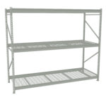 A gray industrial storage shelf with two wire grid shelves and a sturdy frame. The shelf is empty and designed for heavy-duty use. The background is plain white.