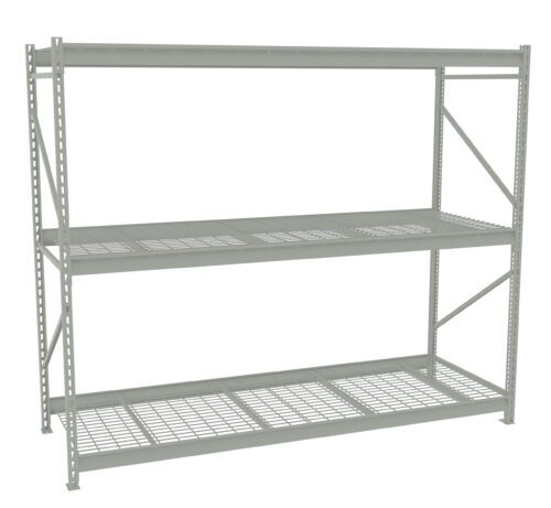 glcvaotsrdbcauoftjxm.jpg A gray industrial storage shelf with two wire grid shelves and a sturdy frame. The shelf is empty and designed for heavy-duty use. The background is plain white.
