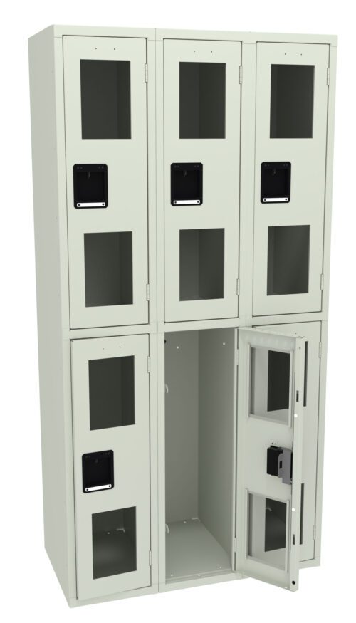 A beige metal locker unit with six compartments is shown. The lockers have clear windows on the doors and black handles. One of the bottom lockers is open, revealing its empty interior.