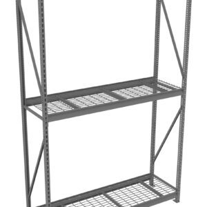 Metal storage rack with three wire shelves and a gray finish, featuring vertical supports with holes and diagonal cross braces for stability.