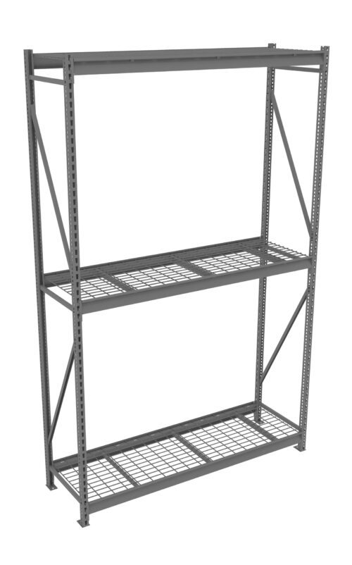 Metal storage rack with three wire shelves and a gray finish, featuring vertical supports with holes and diagonal cross braces for stability.