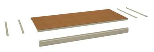 glsbkiabozfi6idanouu.jpg An assembly kit image showing a wooden panel with a brown surface in the center, surrounded by four metal brackets and a longer metal beam at the bottom, all arranged on a white background.