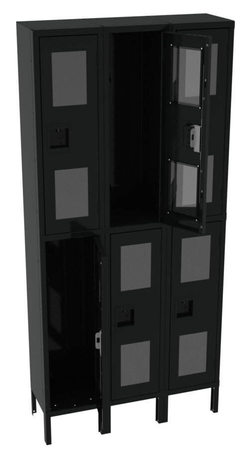 A black metal storage locker system with six compartments in two rows. The locker doors have transparent panels, and one door on the top row is open, showing an empty interior.