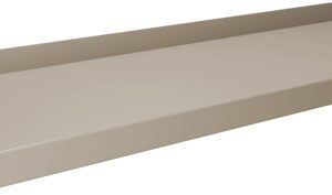 A rectangular, beige metal shelf with raised edges on three sides. The shelf appears to be designed for storage or display purposes. Its shown at a slight angle, emphasizing its depth and smooth finish against a plain background.