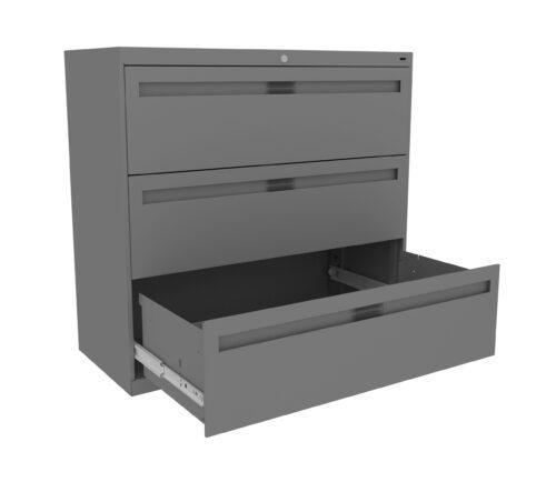 A gray metal filing cabinet with three drawers is shown. The bottom drawer is open, while the top two drawers are closed. The cabinet has a simple, modern design.