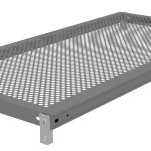 A rectangular, perforated metal tray with raised edges and corner brackets. The surface has evenly spaced round holes, and the tray is viewed from a low angle, showing depth and construction detail.