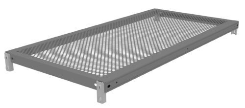 A rectangular, perforated metal tray with raised edges and corner brackets. The surface has evenly spaced round holes, and the tray is viewed from a low angle, showing depth and construction detail.