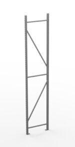 Metal shelving frame standing upright with vertical beams and diagonal supports, designed for storing items. The frame is silver with a minimalistic design and is placed against a plain white background.