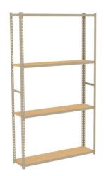 A metal shelving unit with four wooden shelves and perforated posts stands empty. The frame is gray, and the shelves are light brown, offering space for storage or organization. The structure is simple and industrial in style.