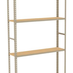 A metal shelving unit with four wooden shelves and perforated posts stands empty. The frame is gray, and the shelves are light brown, offering space for storage or organization. The structure is simple and industrial in style.