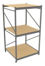 A three-tiered metal storage shelf with a gray frame and beige shelves. The structure is sturdy with a square design, suitable for organizing items in a garage or warehouse.
