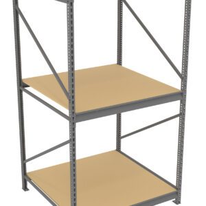 A three-tiered metal storage shelf with a gray frame and beige shelves. The structure is sturdy with a square design, suitable for organizing items in a garage or warehouse.
