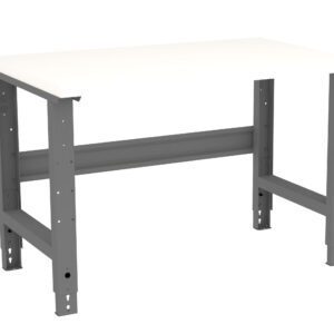 A sturdy workbench with a sleek white tabletop and gray metal legs. The minimalist design includes crossbars for support, offering a functional and versatile workspace suitable for various tasks.