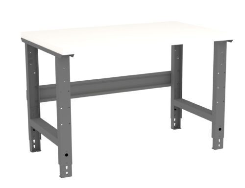 A sturdy workbench with a sleek white tabletop and gray metal legs. The minimalist design includes crossbars for support, offering a functional and versatile workspace suitable for various tasks.