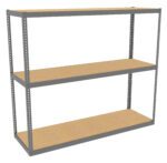 A three-tier metal shelving unit with wooden shelves, designed for storage. The frame is gray with perforated vertical supports. The shelves are evenly spaced, providing ample space for organizing items. The background is plain white.