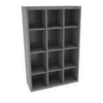 A tall, gray metal shelving unit with twelve square compartments arranged in a 3x4 grid.