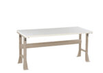 A simple, beige metal workbench with a flat white tabletop. It features adjustable legs and a sturdy design, set against a plain white background.