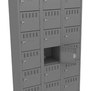 A metal locker unit with three columns and five rows of compartments. One compartment in the middle row is open, showing an empty interior. Each locker has a vented door and a round lock mechanism.