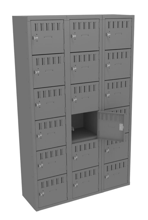 gokz2fw1pab32oqdrkri.jpg A metal locker unit with three columns and five rows of compartments. One compartment in the middle row is open, showing an empty interior. Each locker has a vented door and a round lock mechanism.