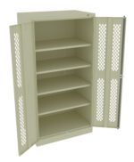 An open beige metal cabinet with perforated doors displaying five adjustable shelves. The cabinet provides storage space and the doors have a lock mechanism on the right side.