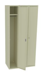 A beige metal locker with three compartments is shown. The middle door is slightly open, revealing an empty interior with a shelf and a hanging rod inside. The other two doors are closed.