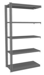 A tall, empty metal shelving unit with five adjustable shelves. The structure is gray, sturdy, and open on all sides, designed for storage and organization. It stands against a plain white background.