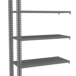 A tall, empty metal shelving unit with five adjustable shelves. The structure is gray, sturdy, and open on all sides, designed for storage and organization. It stands against a plain white background.