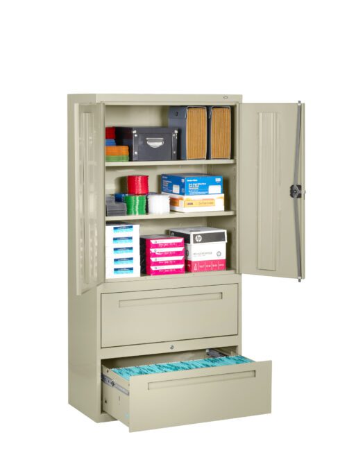 Open beige metal filing cabinet with two doors on top, revealing shelves with organized office supplies, binders, and boxes. Below, two drawers are open, filled with hanging file folders in blue and green tones.