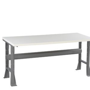 A rectangular table with a white tabletop and gray metal legs and frame. The design is industrial and minimalist, with an open space underneath. The table is standing on a plain white background.