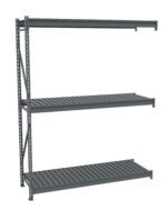 Image of a three-tier industrial metal shelving unit with a minimalist design. The shelves are flat and evenly spaced, supported by vertical metal beams with holes for adjustable shelf height. The unit is empty and set against a light background.