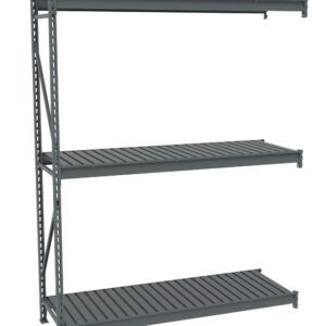 Image of a three-tier industrial metal shelving unit with a minimalist design. The shelves are flat and evenly spaced, supported by vertical metal beams with holes for adjustable shelf height. The unit is empty and set against a light background.