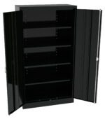 Open black metal cabinet with two doors, revealing four empty shelves inside. The cabinet has a sleek design and is suitable for storage purposes.