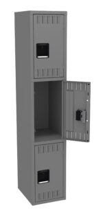 A tall gray metal locker with three compartments. The middle compartment door is open, revealing an empty space inside. The other two compartments are closed. Each compartment has a small black handle and vent slits for ventilation.